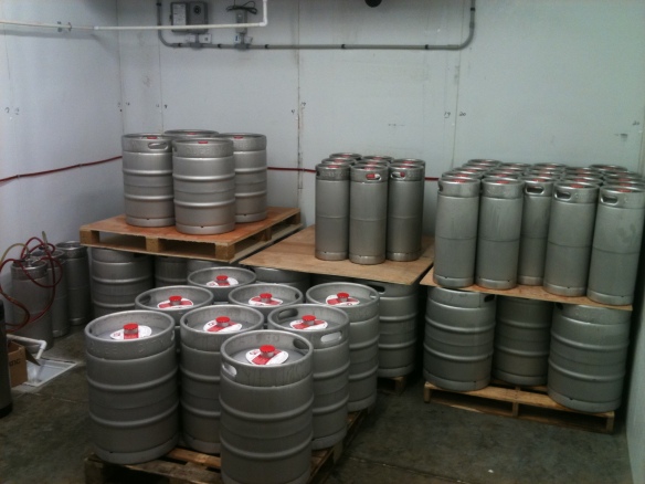 Filling up the walk-in cooler. Two more brews, Landlady Ale (an ESB) and Yorkshire Porter will be kegged this week.